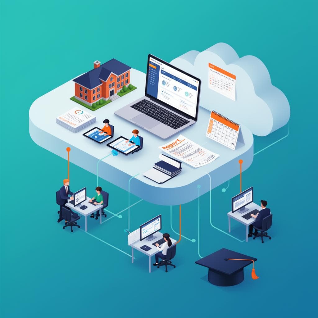 ShikshaCloud - Cloud-based school management system illustration showing connected students, teachers, and administrators